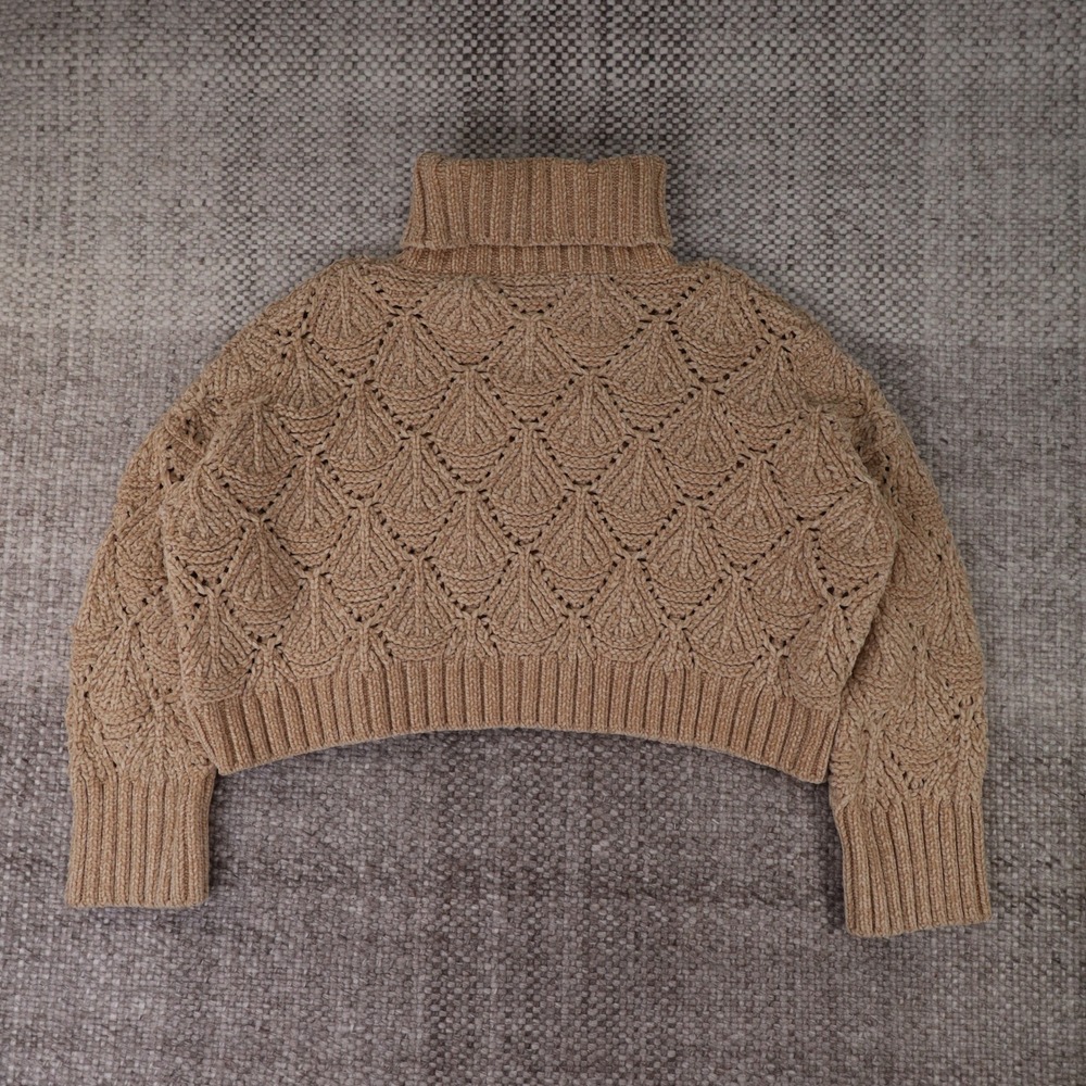 POL Chenille Knit Turtleneck Sweater Tan Cropped Pointelle SMT420A Small